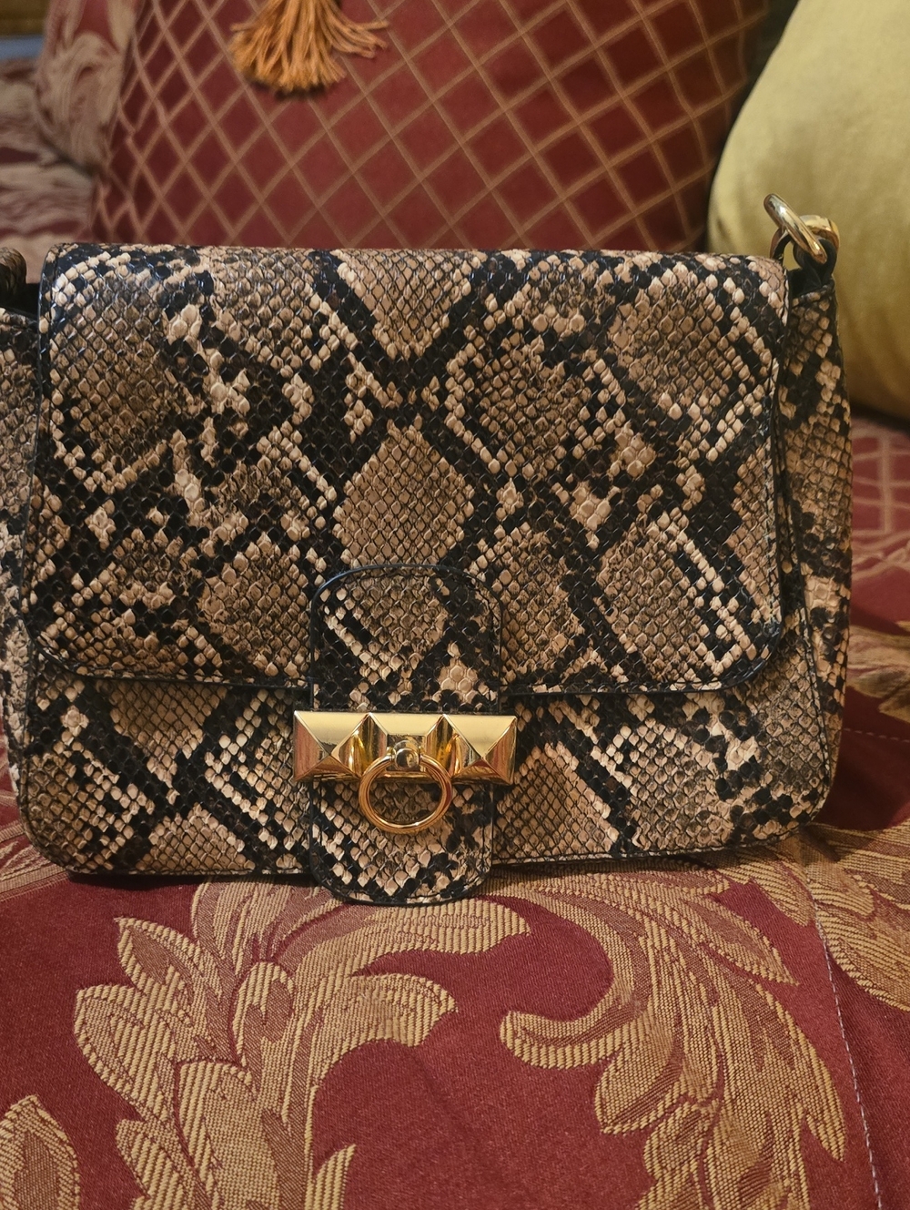 Snake-Print Crossbody Bag in Brown and Black with Gold Hardware